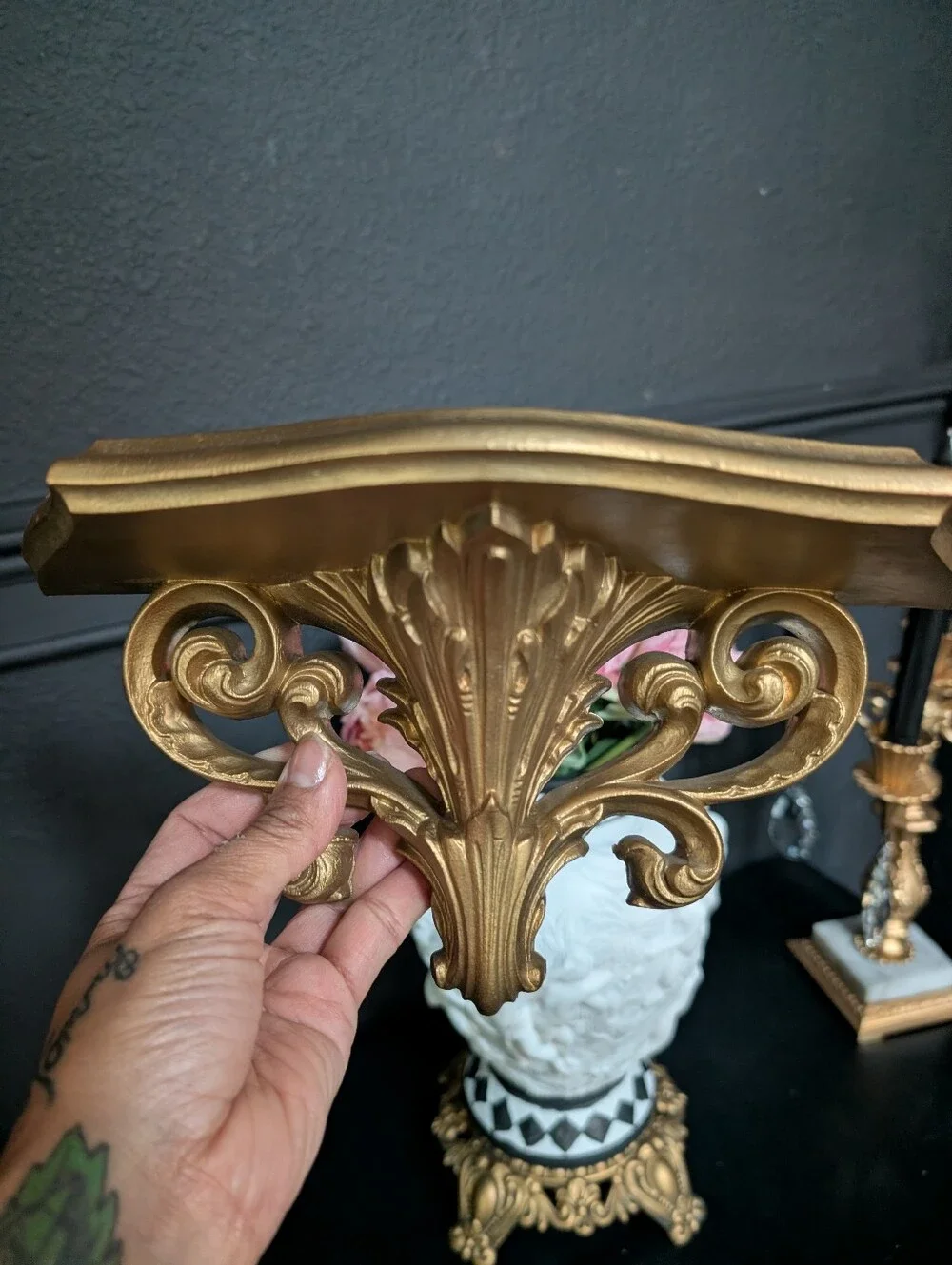 Vintage Gold Ornate Burwood Hollywood Regency/ MCM shelf sconce 10.5 x 6.5